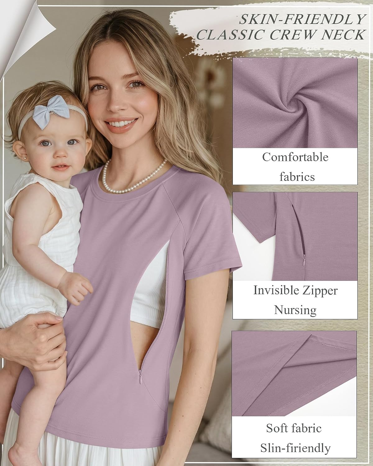 Huukeay 3 Pack Women's Nursing Tops Breastfeeding Shirts Postpartum Short Sleeve Crew Neck Maternity Tee Zipper with Hidden