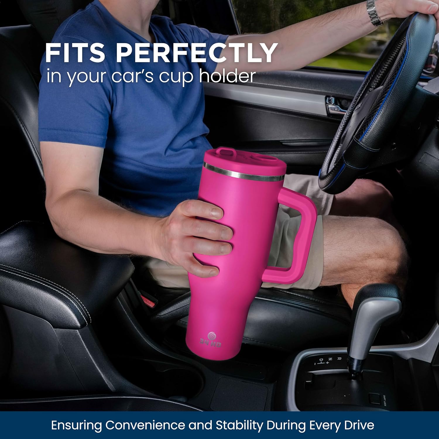 34HD 40 oz Stainless Steel Tumbler - Leakproof Insulated Water Bottle with Handle, Magnetic Lid and Flexible Straw - 48 Hours Iced – Perfect for Men, Women, Birthday Present, Pink - Hot Pink