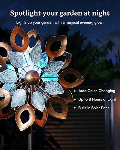 Miniatura 5 de Molinillos de viento de cobre para exteriores de 74 pulgadas con luz LED solar, esculturas de viento dobles cinéticas y molinos para decoración de