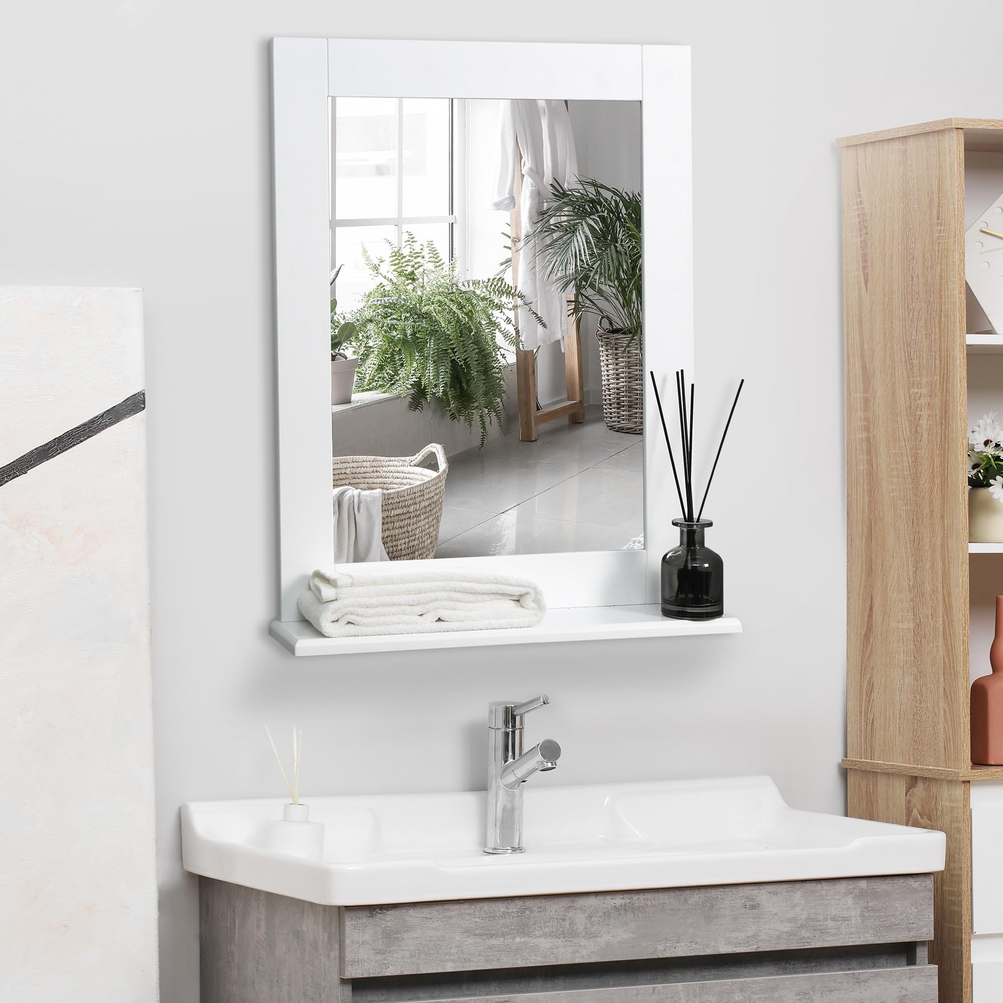 kleankin Espejo de Baño 50x11,5x60 cm Espejo de Pared con Estante Blanco | Moderno, Estante de Almacenaje, Marco de Madera, para Dormitorio, para Aseo
