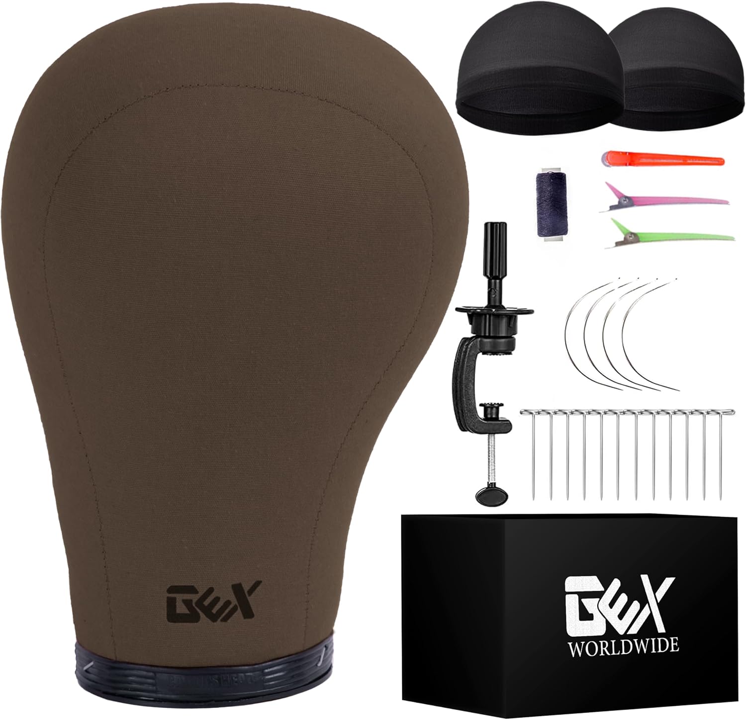 GEXWORLDWIDE GEX 22" Canvas Cork Wig Block Mannequin Head for Wig Making Drying Styling Display with Table C Clamp Stand Holder (Light Brown 22")