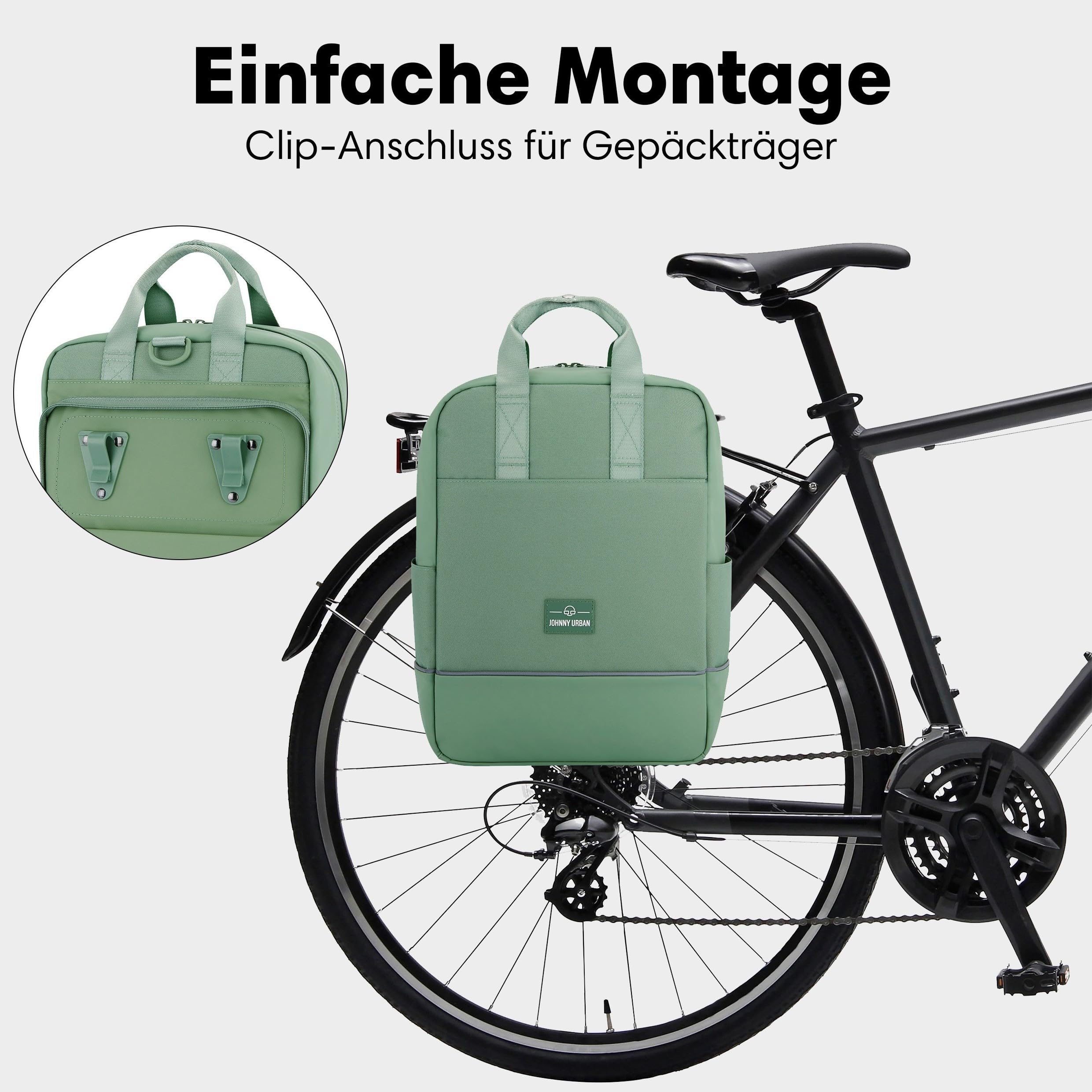 Johnny Urban Fahrradtaschen für Gepäckträger Damen & Herren Grün - Jona Medium Bike - 2 in 1 Fahrrad Tasche Rucksack & Gepäckträgertasche Hinten - Wasserabweisend