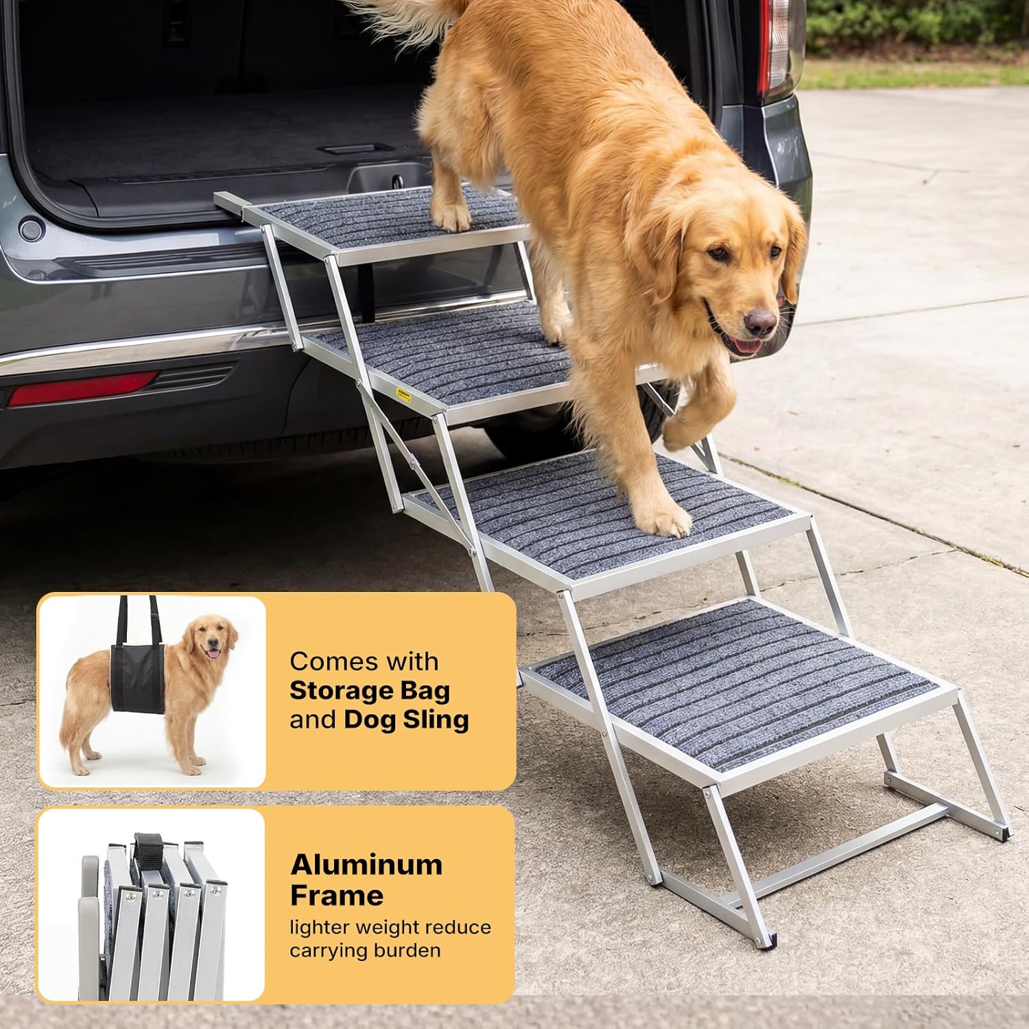 Veehoo Extra Wide Dog Steps for Car Truck SUV Foldable, 4 Steps Lightweight Aluminum Dog Stairs for Injured Senior Large Dogs 20" Wide, Folding Pet Ramp Ladder with Non Slip Surface, up to 170lbs