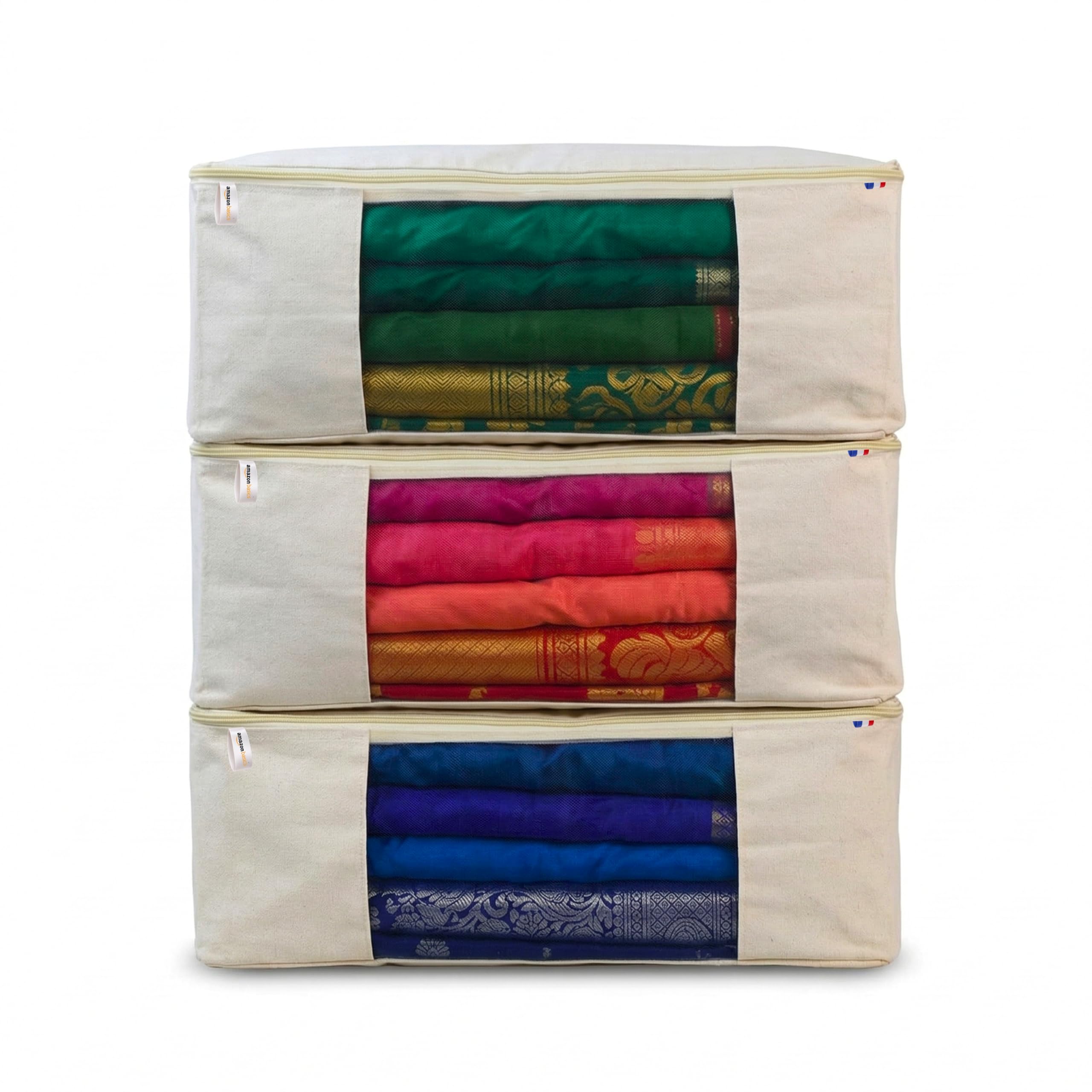 Amazon Basics Cotton Canvas Clothes Storage Bags - Wardrobe Organizer Saree Covers with Zip Specially Designed for Women, Saree, Lehenga | Storage Bag for Clothes (17 x 14 x 7 Inch) - Pack of 3-image-34