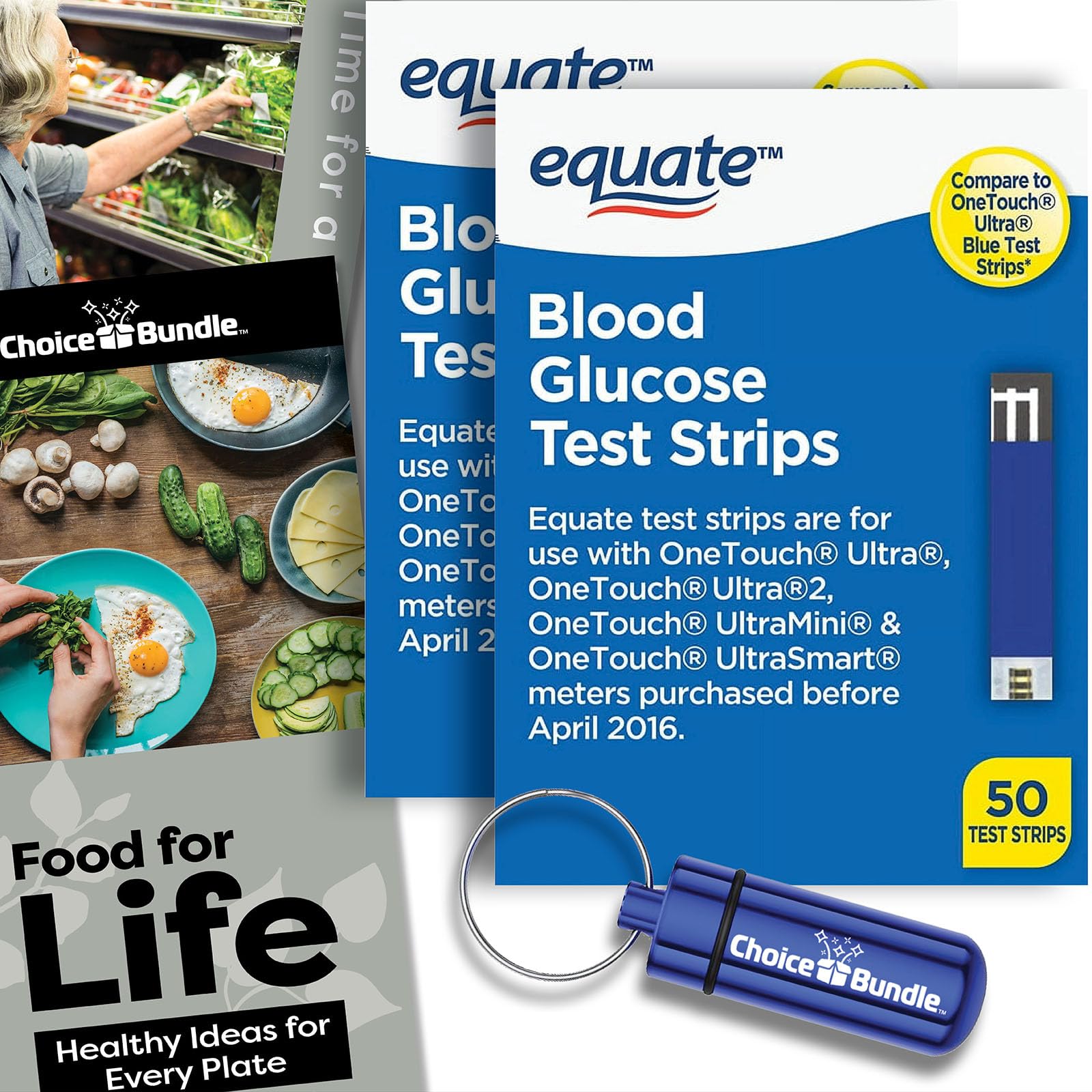 Equate Blood Glucose Test Strips for OneTouch Ultra, Ultra 2, Ultra Mini, One Touch Ultra Smart 50 Ct 2 Pk Choice Bundle (100 Total) + Food Guide & Pill Container (4 Items)!