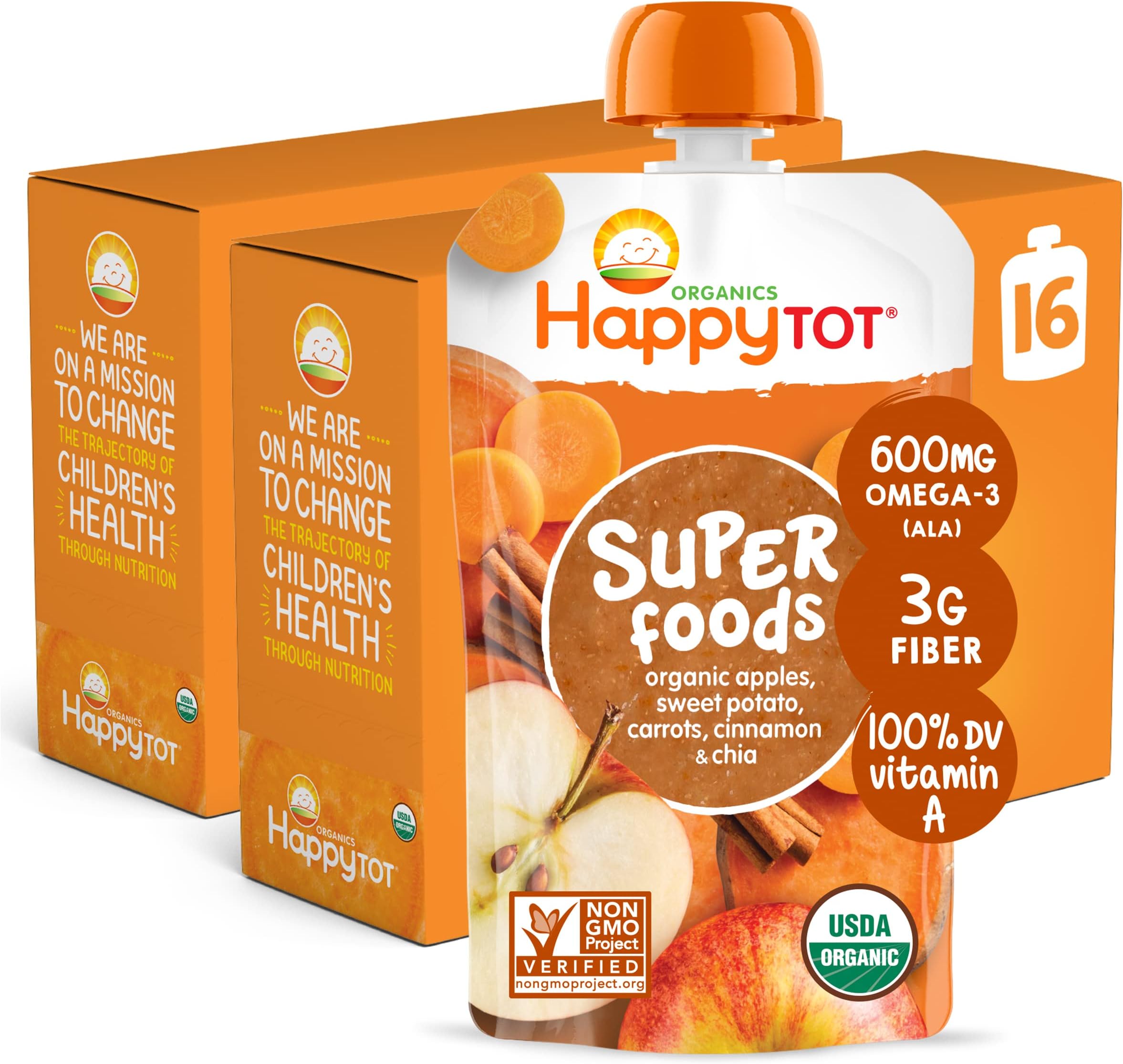 Organics Stage 4 Baby Food Pouches, Gluten Free, Vegan Snack, SuperFoods Fruit & Veggie Puree, Apples, Sweet Potatoes, Carrots, Cinnamon & Chia, 4.22 Ounce (Pack of 16)