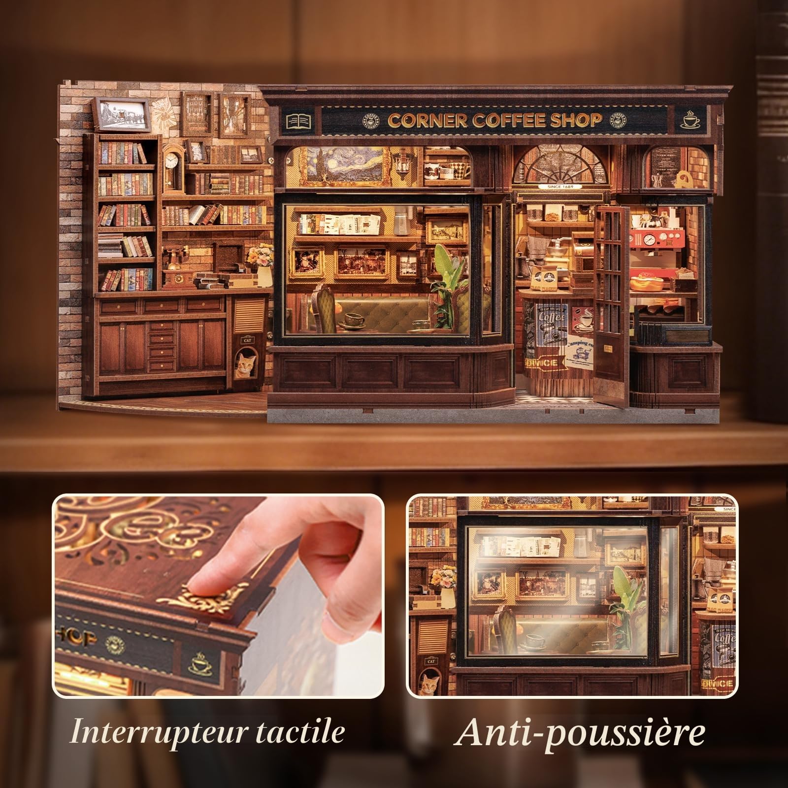 CUTEBEE Book Nook Kit – DIY Maison Miniature Rétro en Bois, Puzzle 3D à Construire pour Adultes avec Boîtier LED & Anti-poussière, Cadeau Spécial Famille/Amis (Corner Coffee Shop)
