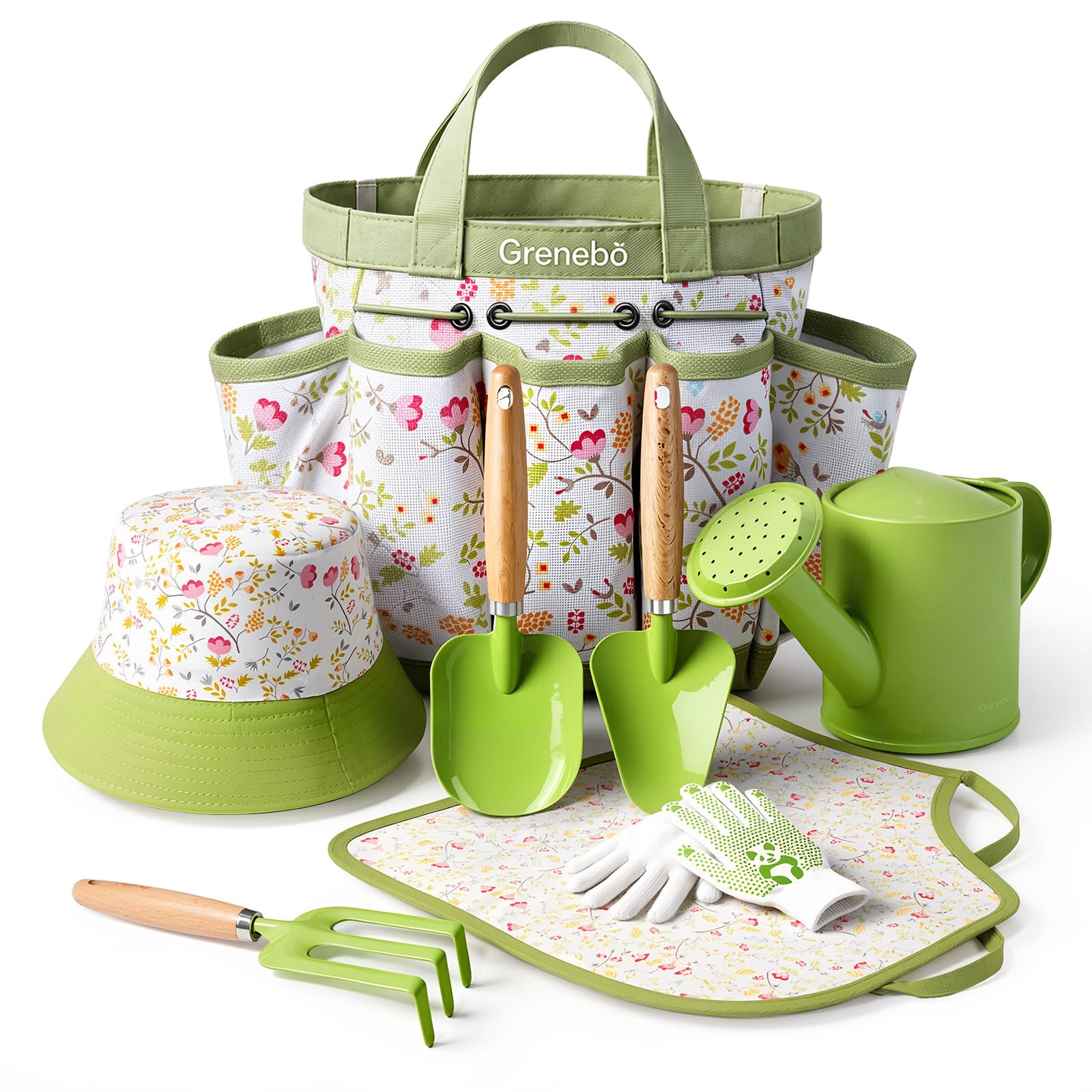 Grenebo 8-Piece Kids Gardening Set with Garden Tools for Kids, Green