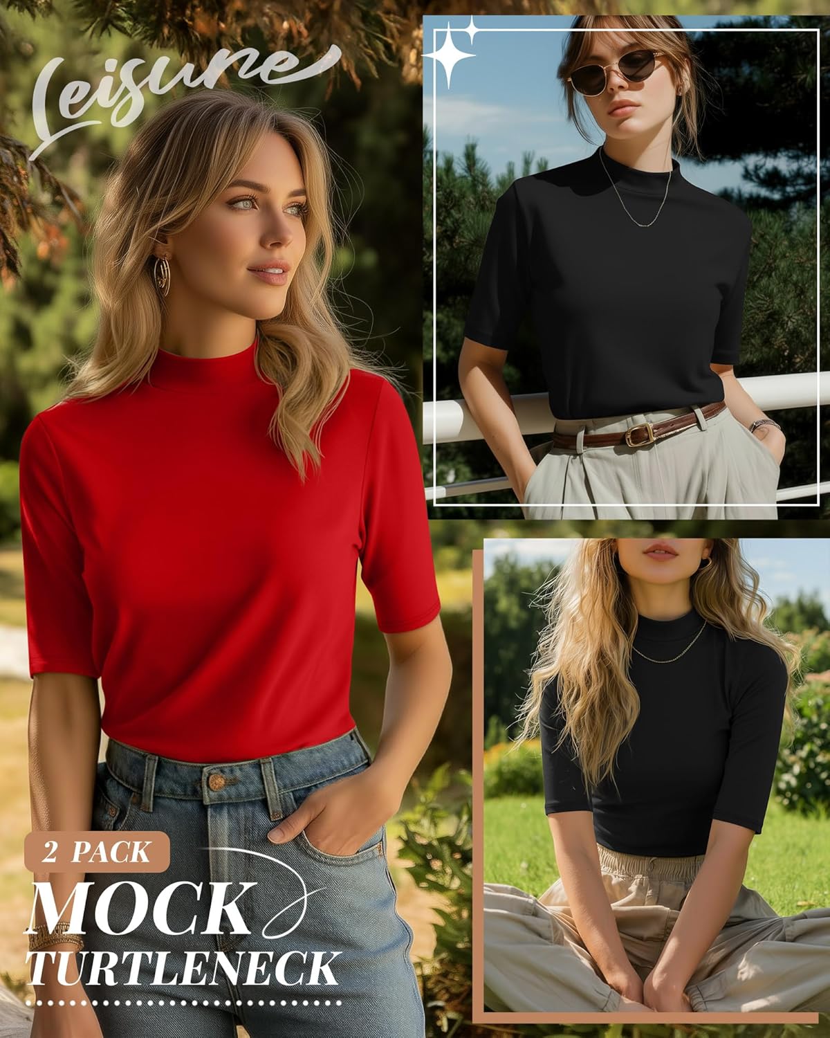 Ficerd 2 Pack Women's Mock Turtleneck T Shirts, Half Sleeve Business Casual Tunic Tops Slim Fit Summer Basic Dressy Tee Shirt - Image 4