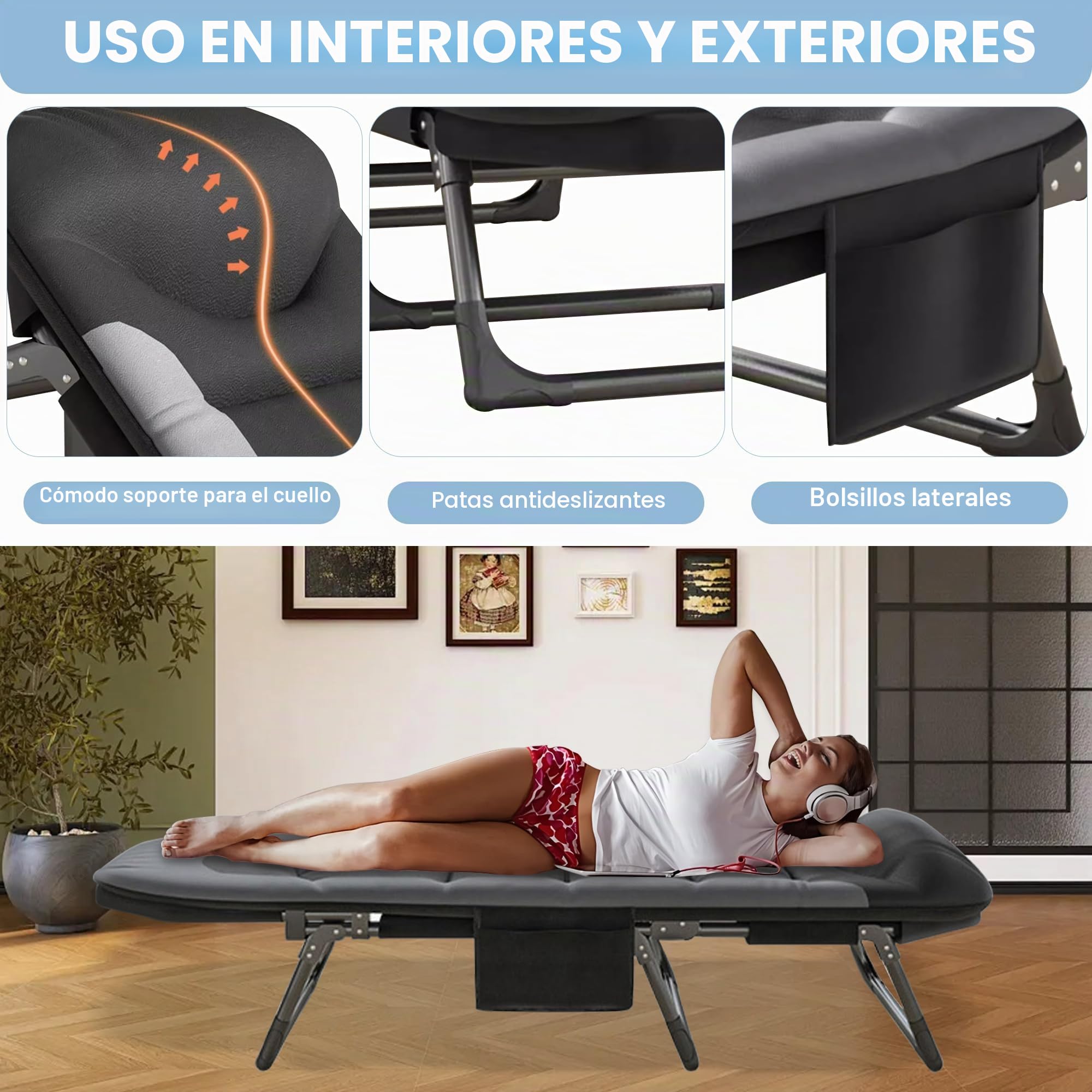 Cama de Camping Plegable XXL 150KG Cargable, 190 x 65 x 30 cm, Tumbona de Camping, Tela Oxford con Bolsillo Lateral, Cama Portatil con Bolsillo Lateral para Playa Exterior Viajes (Negro)