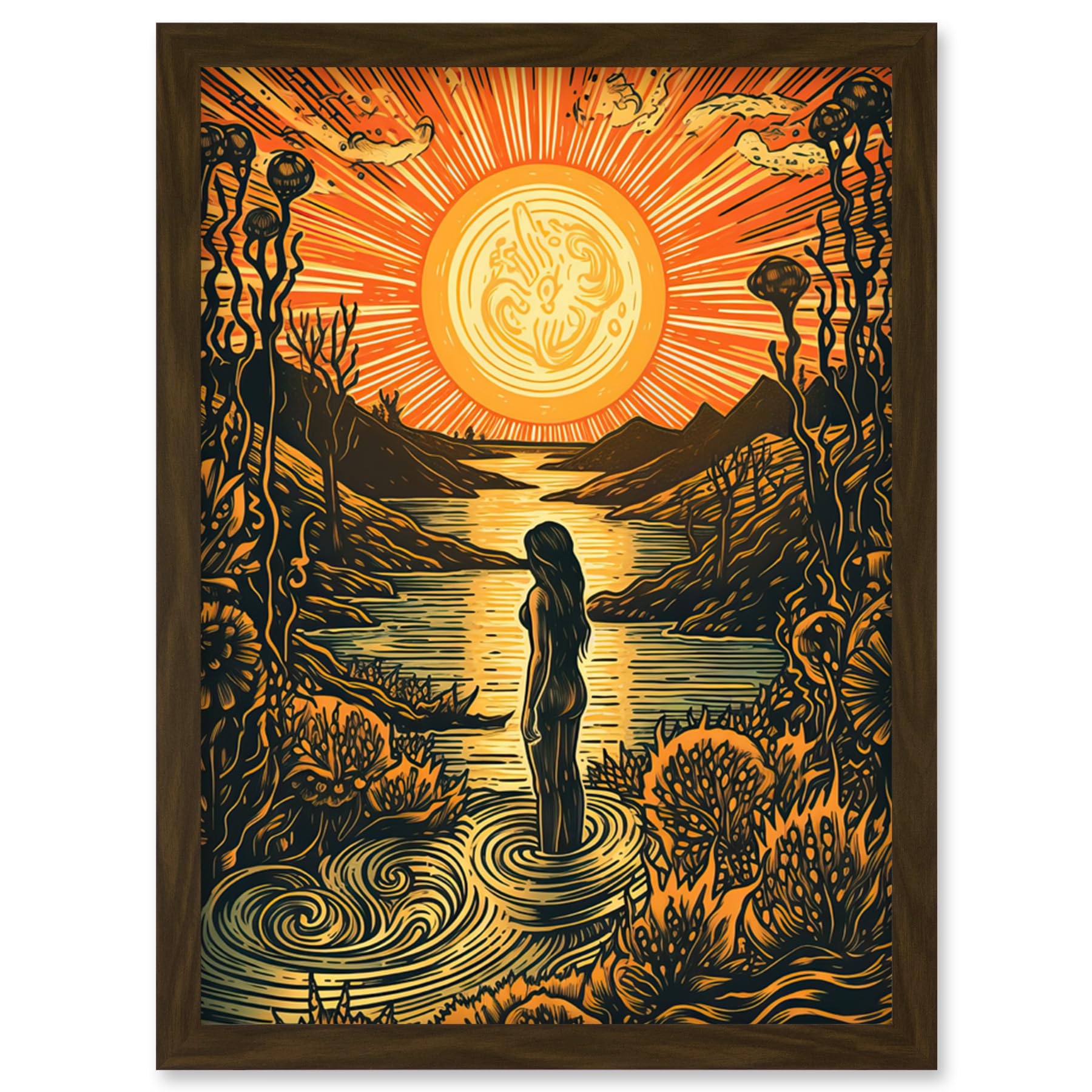 Artery8 Woman Bathing in Creek at Sunset Modern Linocut Artwork Framed Wall Art Print A4