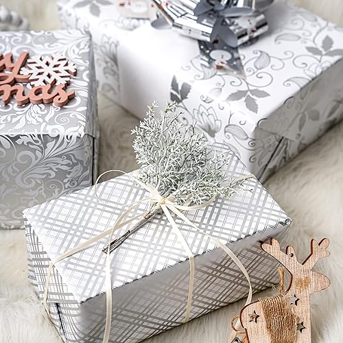Miniatura 2 de LeZakaa Rollo de papel de regalo plateado, elegante papel de aluminio metálico con patrón floral y cuadros para boda, aniversario, cumpleaños, día