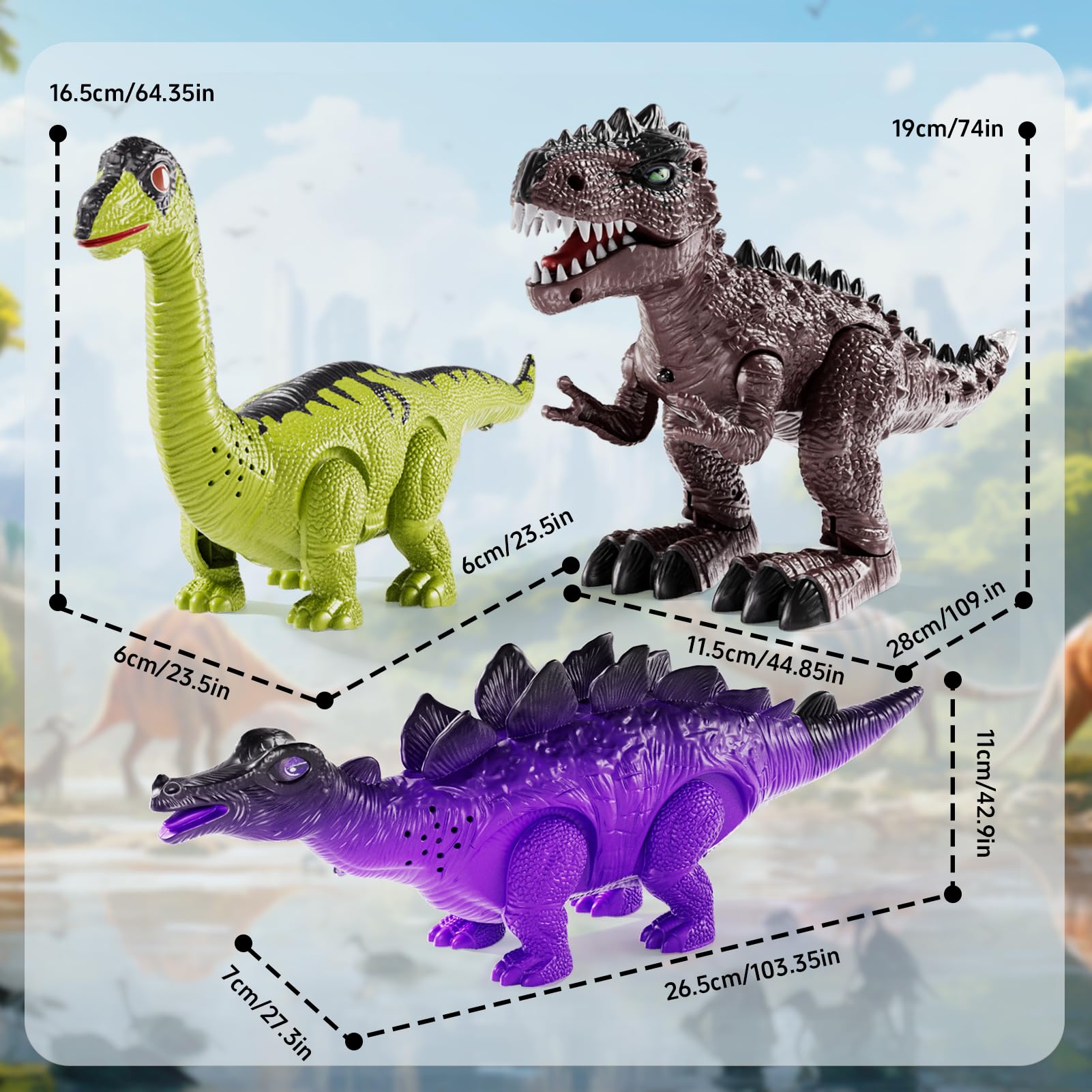 3 en 1 Juego de Dinosaurio Caminante Realista con Sonidos Naturales, 3 Figuras de Tyrannosaurus, Brachiosaurus, Triceratops, Regalo para Niños de 3+ Años.