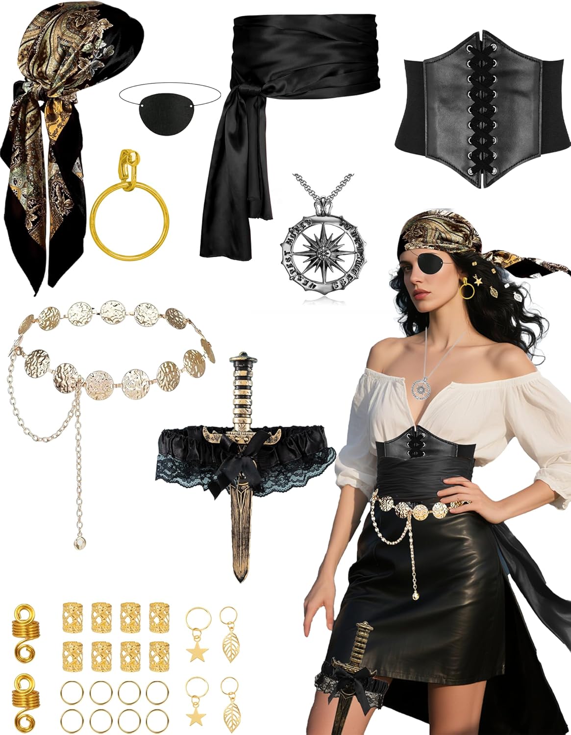 Women Pirate Costume Accessories Set Pirate Head Scarf Belt Waist Chain Corset for Halloween Cosplay