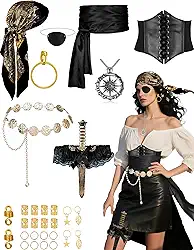 Conjunto de acessórios de fantasia de pirata feminino, cachecol de cabeça de pirata, cinto e corrente espartilho para cosplay de Halloween