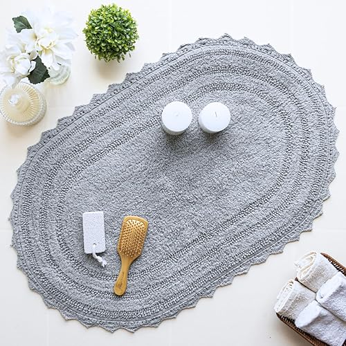 Miniatura 4 de RAJRANG Alfombra de baño de algodón, ovalada, gris claro, 24 x 17 pulgadas, paquete de 2 tapetes de baño reversibles de ganchillo para decoración