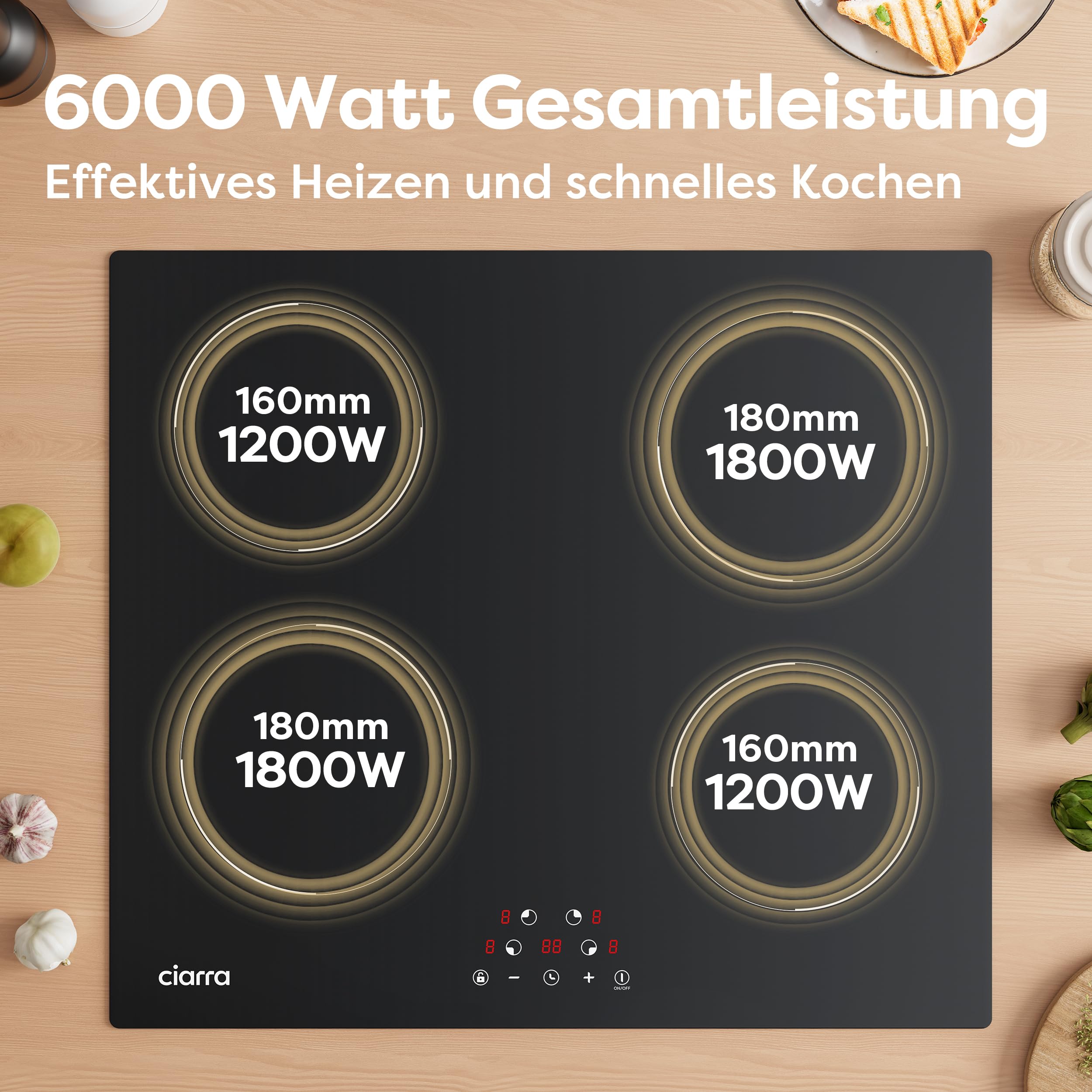 Ciarra CBBIH604-D Induktionskochfeld 60 cm 4 Zonen Einbau Touch-Bedienung | Kochfeld Induktion | 9 Leistungsstufen Timer | Kindersicherung | Abschaltautomatik | Restwärmeanzeige | Überhitzungsschutz