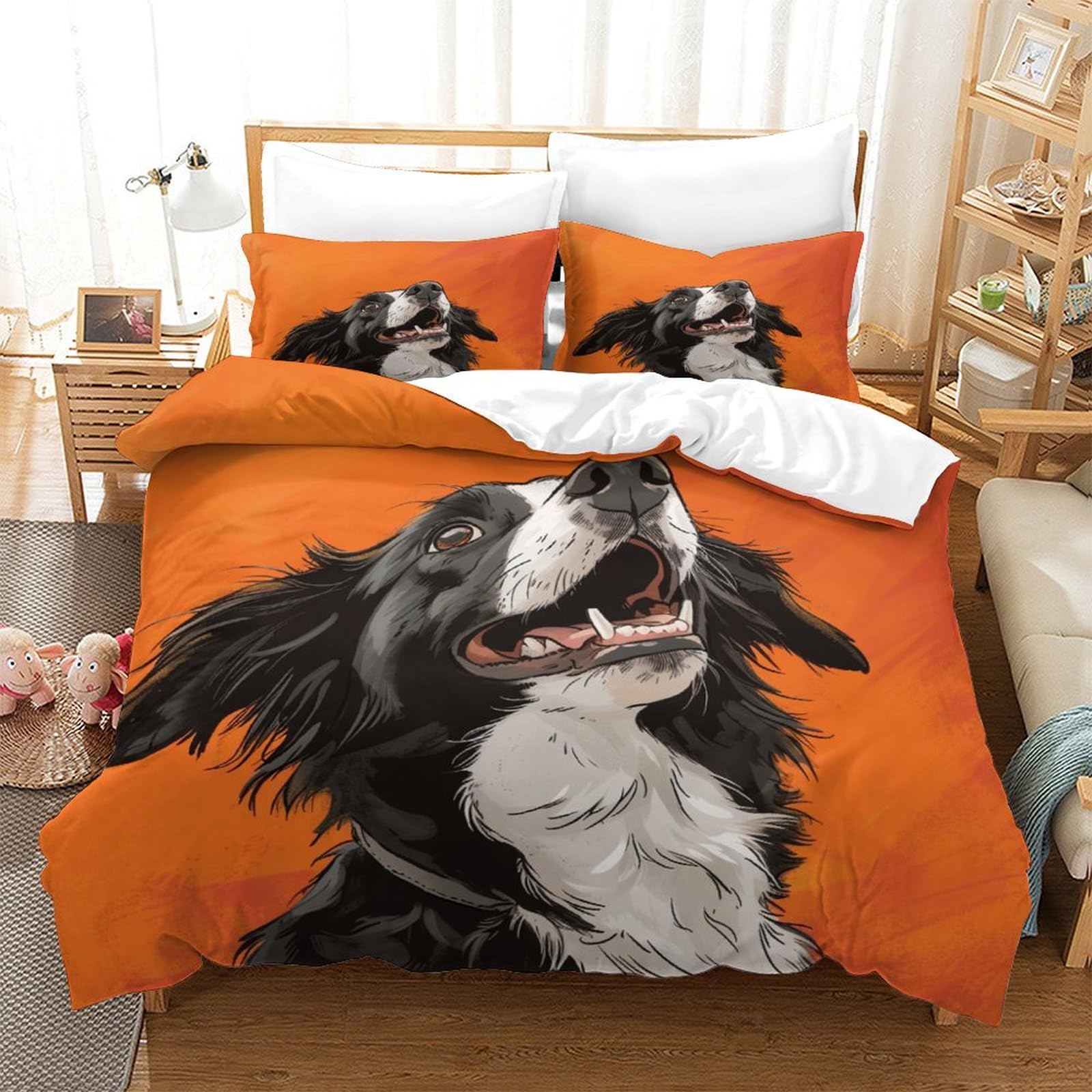 P1S9U7W5Y Cartoon Sheepdog Pattern 3D Printed Duvet Cover Set 3 Pieces Microfiber Bedding for Teens Bedroom Decor Dog Lover Bedding Set Gift Double（200x200cm）