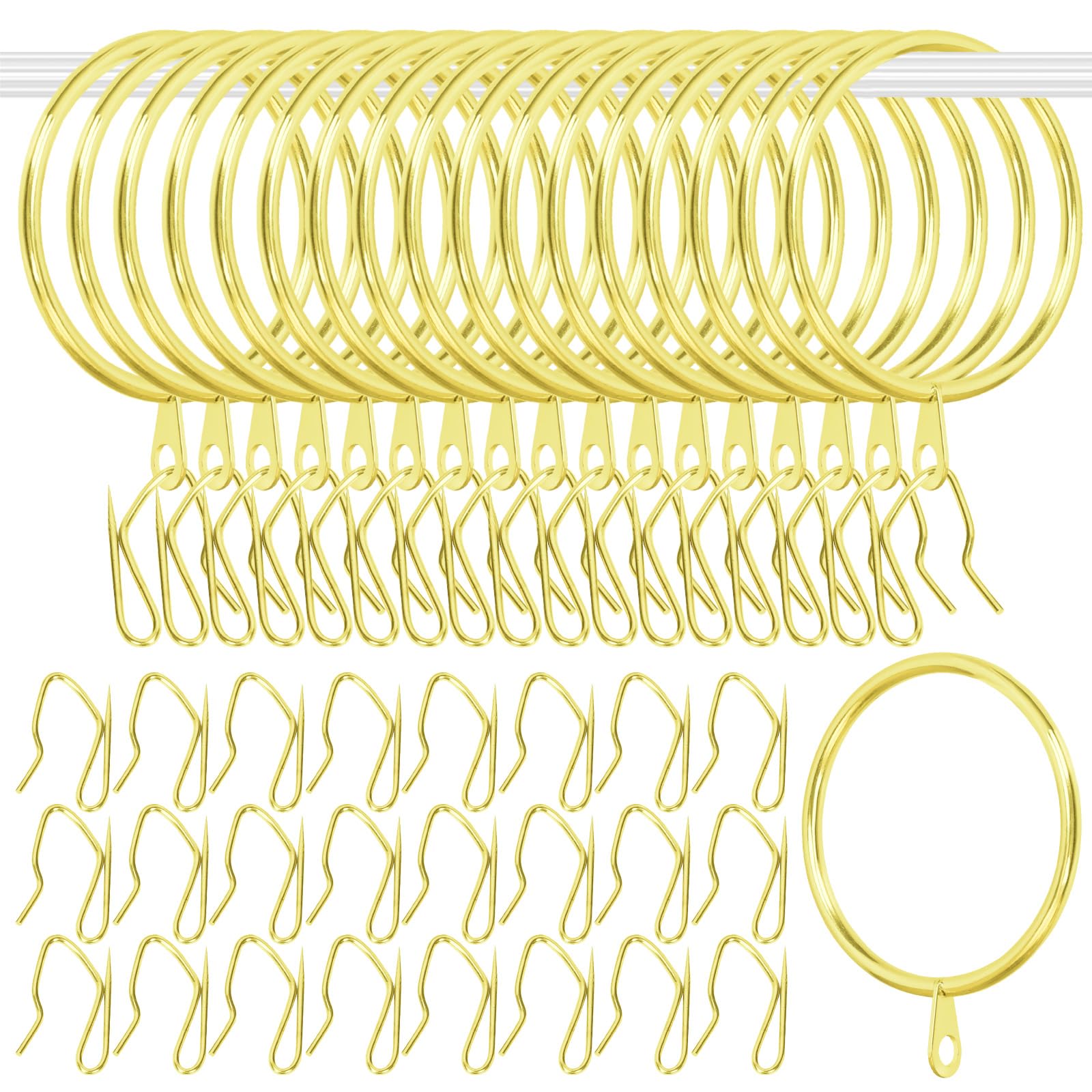 Glarks 30 Sets 50mm/2inch Golden Metal Drapery Curtain Hanging Rings Set, includes 30pcs Curtain Rings and 30pcs Drapery Pin Hooks, Drape Sliding Eyelet Rings for Sliding Window Bathroom Door