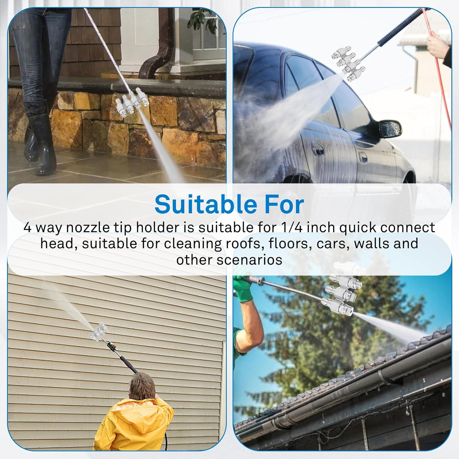 Hakaze Pressure Washer Nozzle 4 GPM 1/4" Firm Fish-scale Welding Quick Connect Nozzle KIT 4 Way Nozzle Tip Holder Stainless Steel Soft Wash System Pressure Washer Accessories