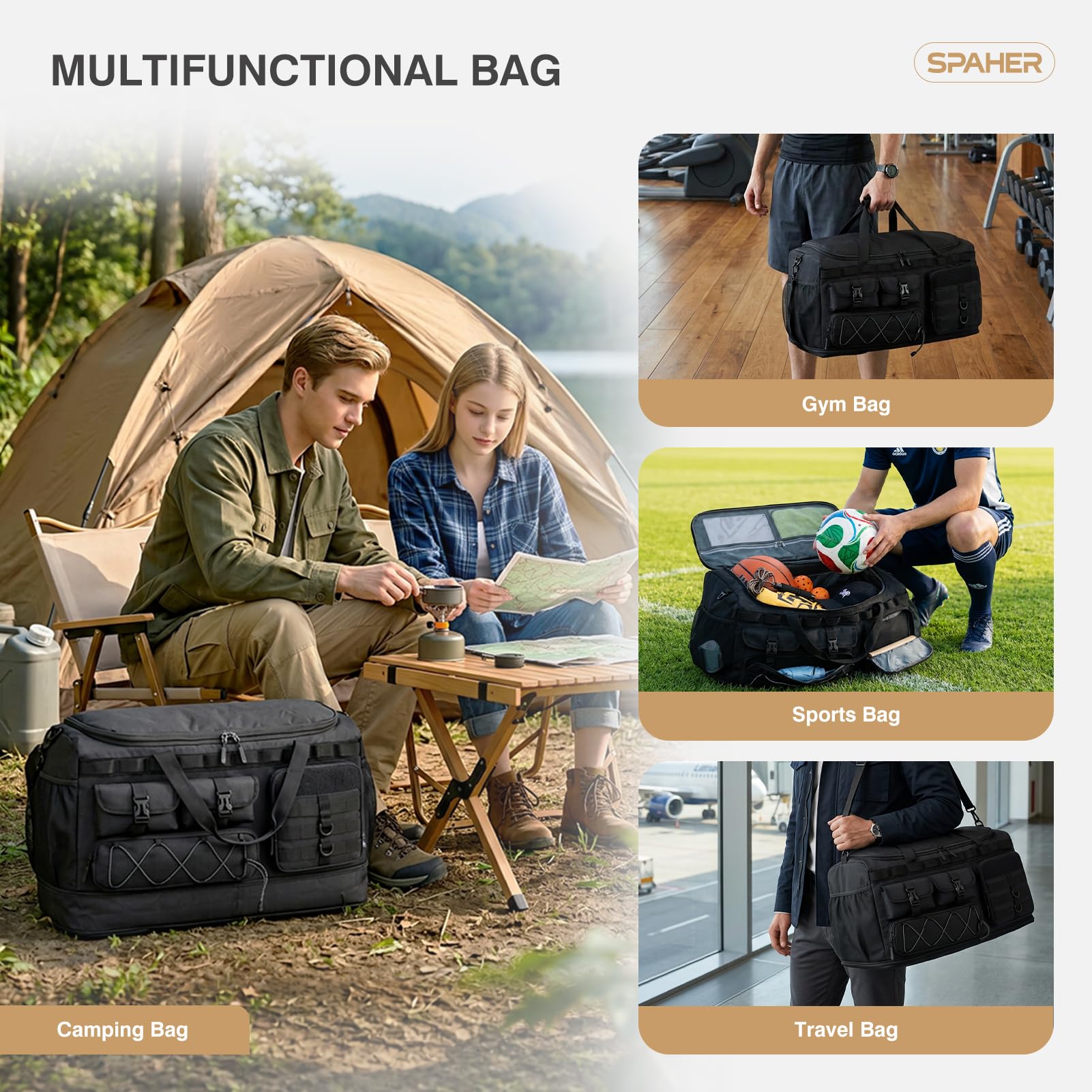 SPAHER 100L Sac de Voyage Sport Extensible Grand Sac a Main, Noir | Sac Demenagement Organisateur Transport Pour Camping Weekend Voyage Voiture Sac a Main Homme Femmes Étanche, Big Travel Bag