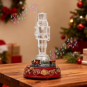 Christmas German Nutcracker Music Box, Acrylic Nutcracker Clear Nutcracker with LED, Rotating Train & Music, Festive Tabletop Display & Shelf Decor Red-Swordsman