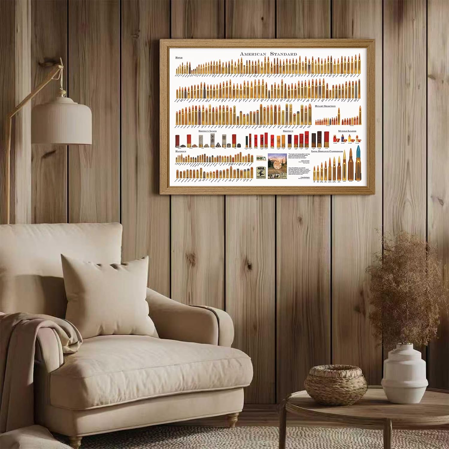 American Bullets Wall Art Bullet Chart Poster Canvas Art Prints for Home Room Decor 16x24 Inch Wood Framed Set of 1
