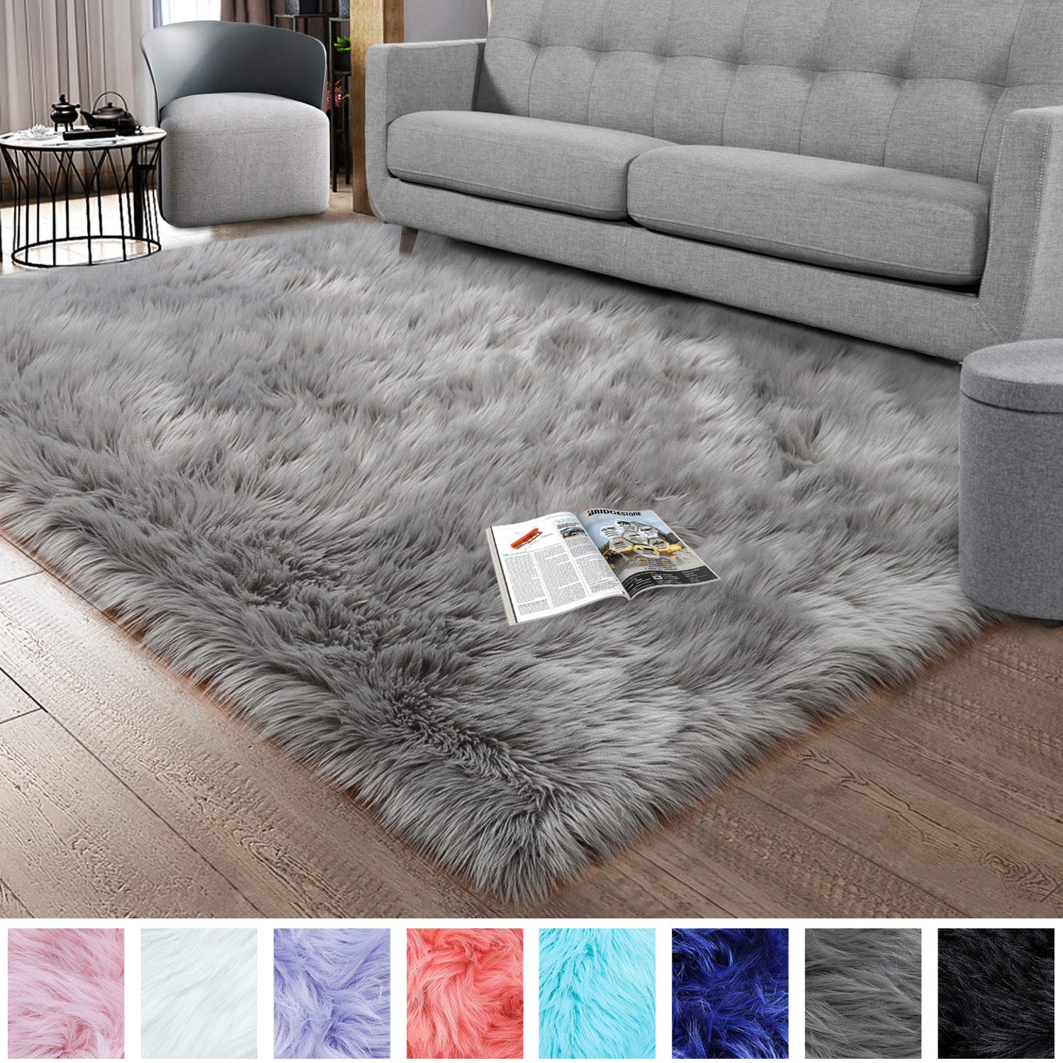 Noahas Luxury Fluffy Rugs Bedroom Furry Carpet Bedside Sheepskin Area Rugs Children Play Princess Room Decor Rug, 5ft x 8ft Grey