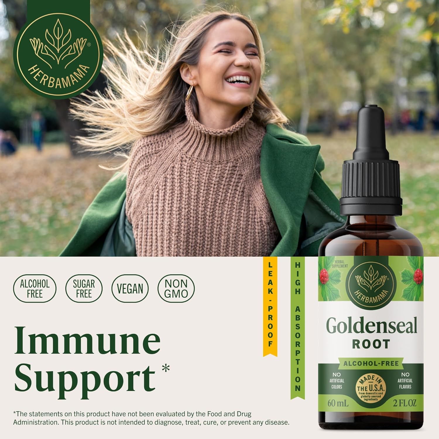 HERBAMAMA Goldenseal Root Tincture - Vegan Immune & Respiratory Support with Goldenseal Herb Extract Drops - Non-GMO, Alcohol & Sugar-Free Liquid Immunity Supplement, 42-Day Supply - Image 2