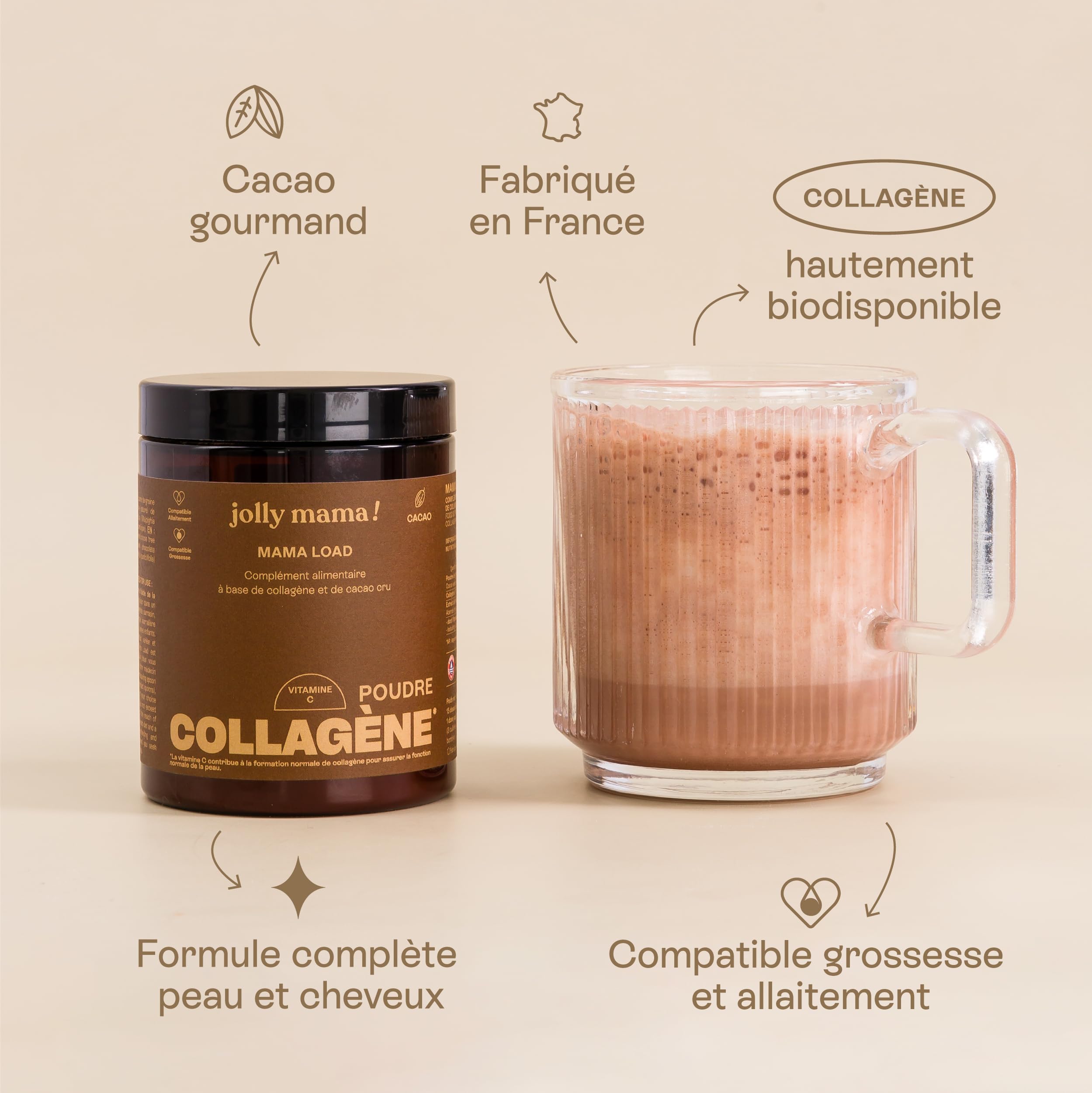 Jolly mama! Mama Load | Poudre à Boire, Collagène Marin au Cacao | Enrichi en Vitamine C | Peau & Cartilage | Sans Gluten | Compatible Grossesse & Allaitement | Fabriqué en France | Pot 112g