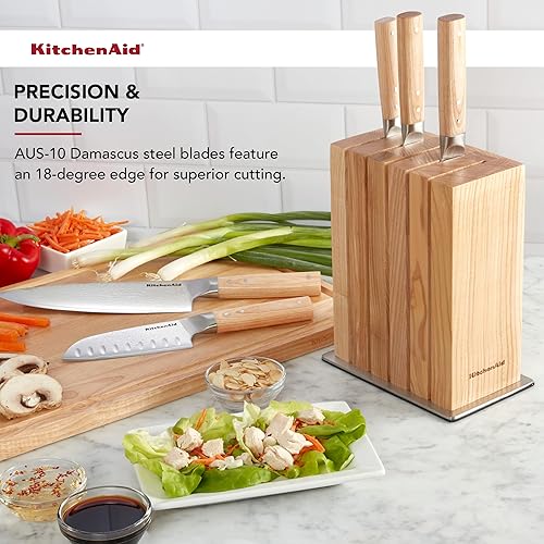 Miniatura 2 de KitchenAid Juego de 6 cuchillos de madera de fresno  Cuchillas de acero de Damasco de primera calidad  Asas de madera de Pakka  Diseño que ahorra