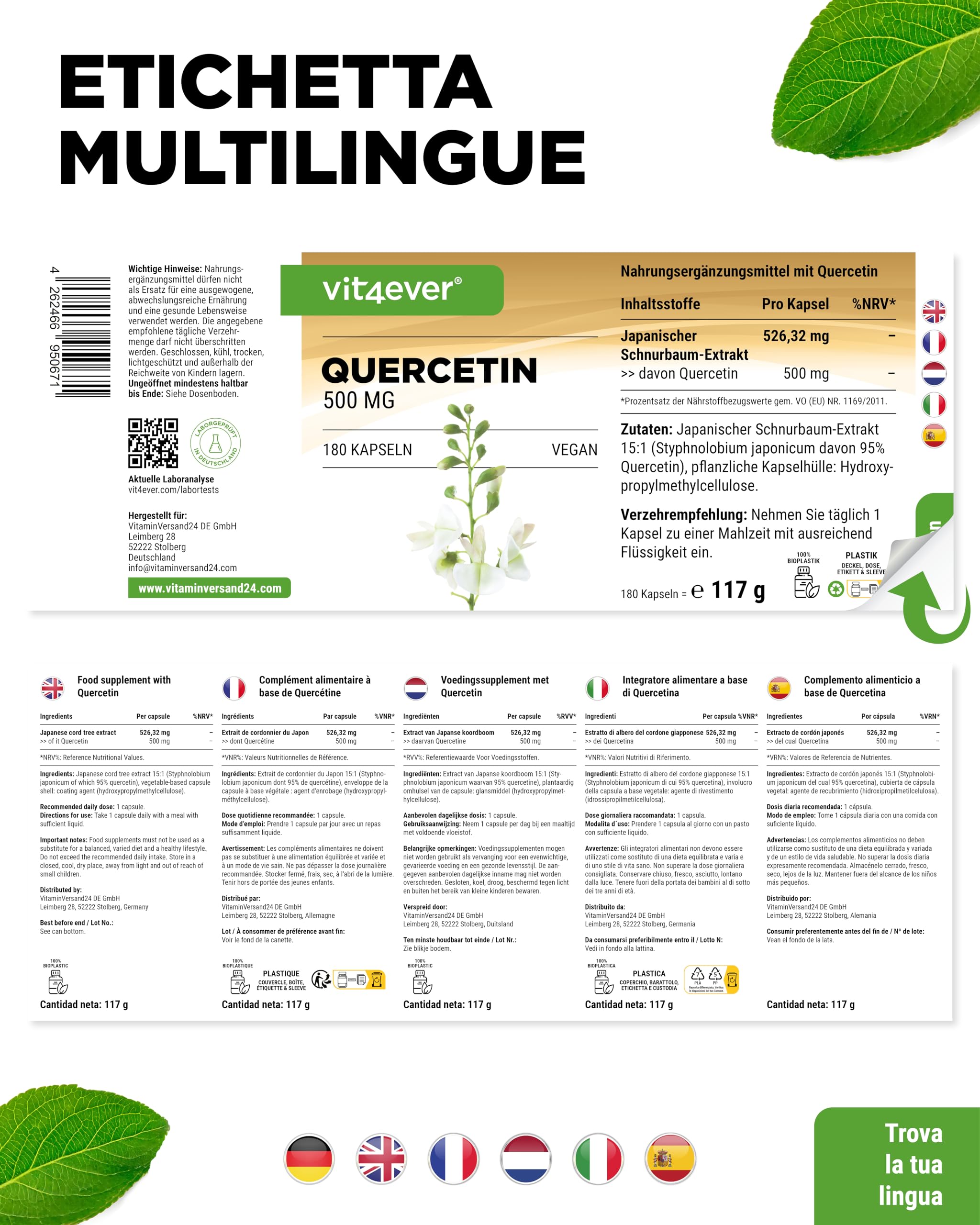 Quercetina - 500 mg - 180 capsule - Confezione per 6 mesi - Premium: estratto naturale di fiori di robinia in rapporto 15:1 con il 95% di quercetina - Altamente concentrato - Vegano