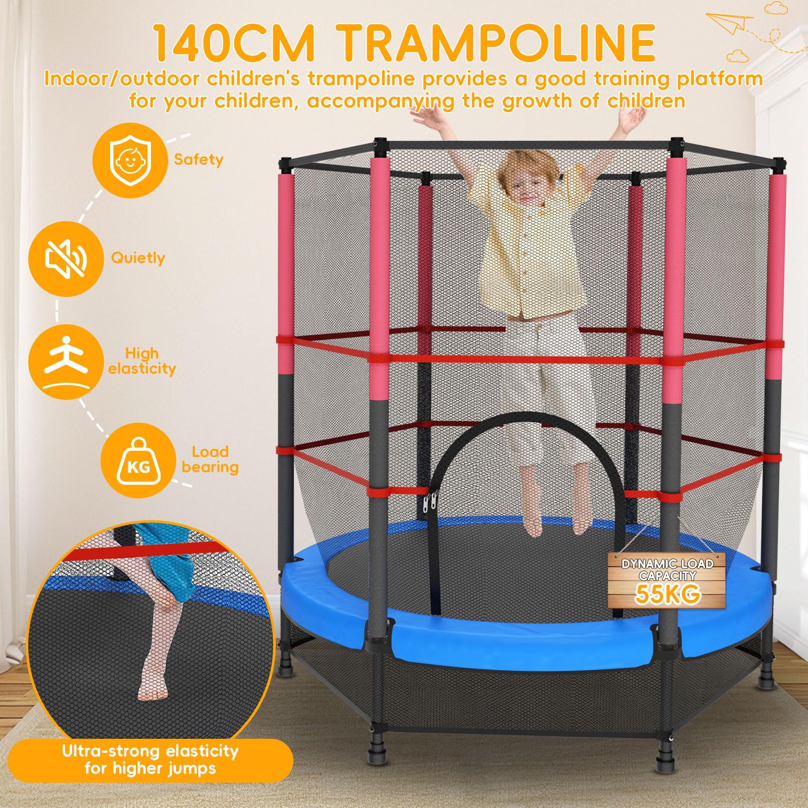 Trampoline pour enfant Ø 140 cm – avec filet de sécurité, porte zippée et filet de sol, suspension en corde en caoutchouc, intérieur/extérieur, charge jusqu'à 55 kg, pour enfants à partir de 3 ans