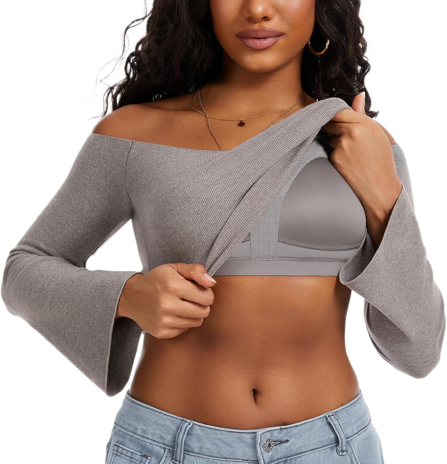 ZeroBound Built in Shelf Bra Off Shoulder Tops, Long Bell Sleeve Crop Tops for Women, Basic Casual Crop Going Out T Shirts