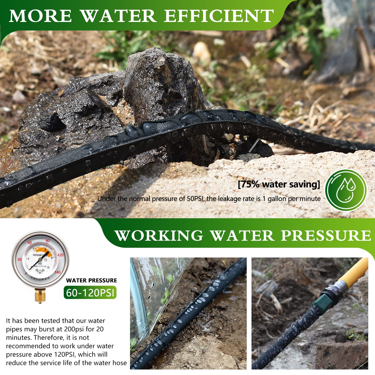 Flat Soaker Hose 100 Ft for Garden Beds with Soaker Hose Stakes, Garden Soaker Hose 100 Ft for Saving 70% Water, Drip Hose for Garden, Vegetable Beds (100ft 1pack)