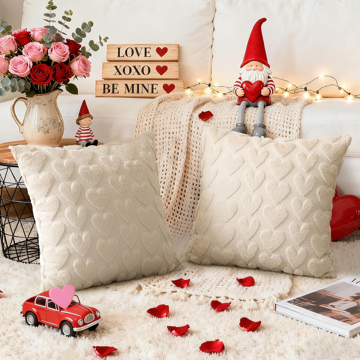 OTOSTAR Valentines Throw Pillow Covers Set of 2 Love Heart Cushion Covers for Sofa 24x24 Inch Square Romantic Soft Plush Short Wool Velvet Pillowcase Holiday Festivals Decor Cream Beige