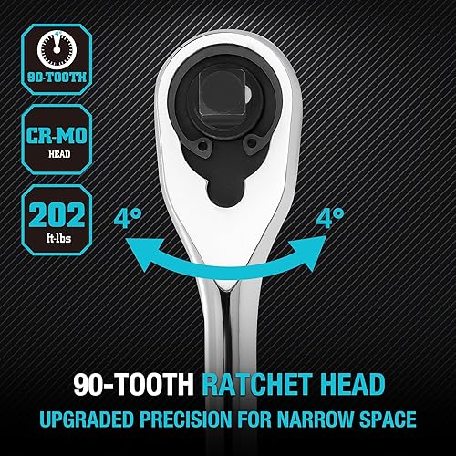 Miniatura 5 de DURATECH Trinquete de 38 pulgadas, llave de trinquete de 90 dientes con mango extra largo de 12 pulgadas y cabeza cerrada, mango de trinquete a