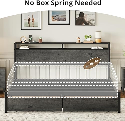 Miniatura 34 de LIKIMIO Base de cama Queen con cabecera de almacenamiento, cama de plataforma con cajones y estación de carga, no necesita somier, fácil montaje,