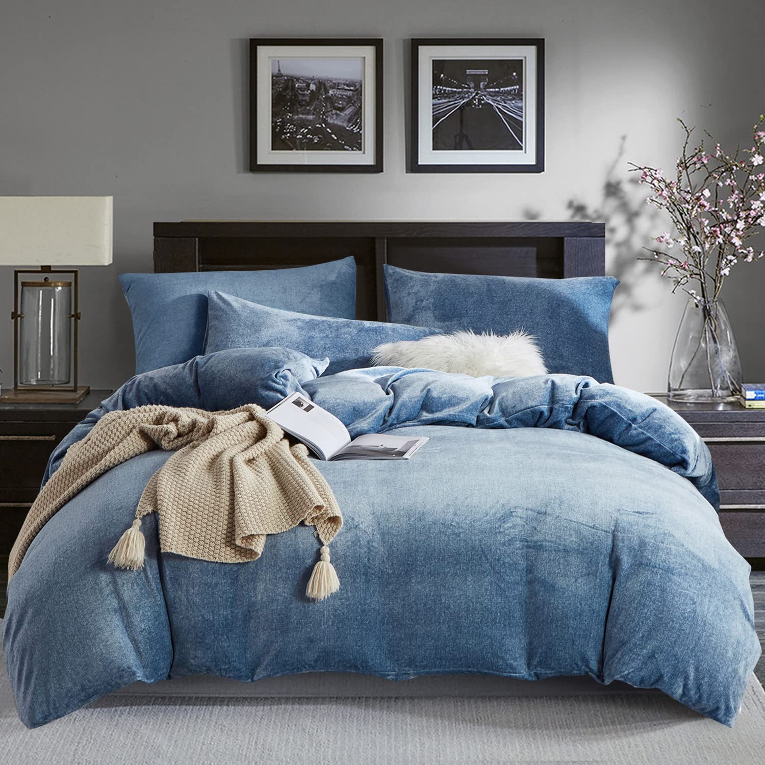 Boqingzhu Plush Bed Linen Blue Dark Blue 135 x 200 cm Nicky Teddy Fleece Fluffy Bed Linen Set Cashmere Touch Winter Warm Cuddly Duvet Cover 135 x 200 cm with Zip and Pillowcase 80 x 80 cm