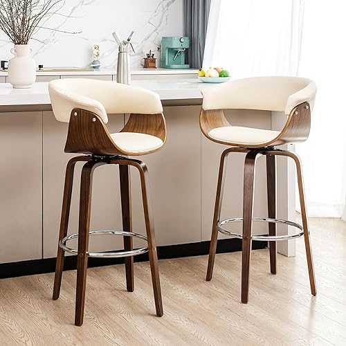 Glitzhome Juego de 2 taburetes de bar, taburetes de bar giratorios de 29.5 pulgadas de alto con respaldo curvo, taburetes de altura de barra con