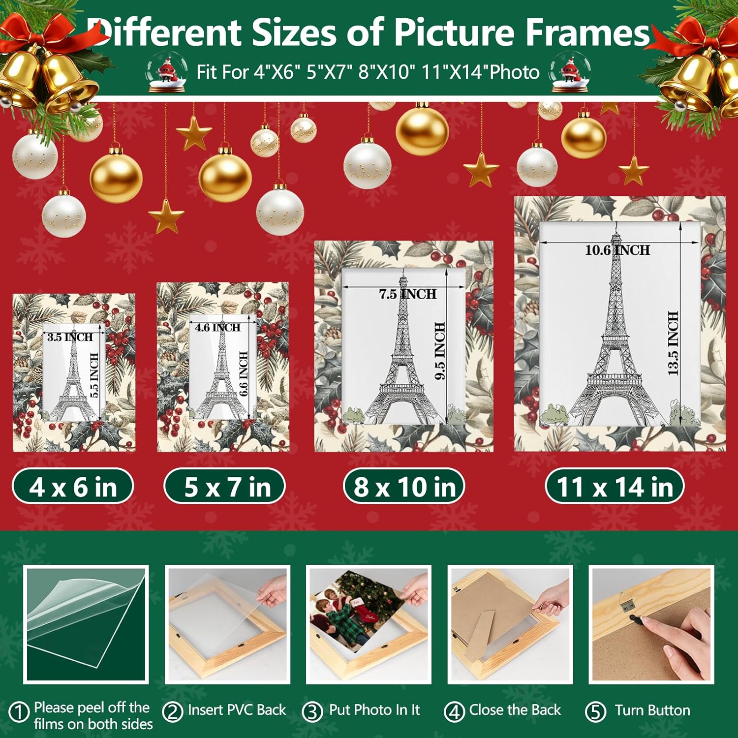 Holly and Berry Christmas Picture Frame 5x7 Christmas Photo Frame Fits 5 by 7 Inch Wall and Tabletop Display for Home Decor