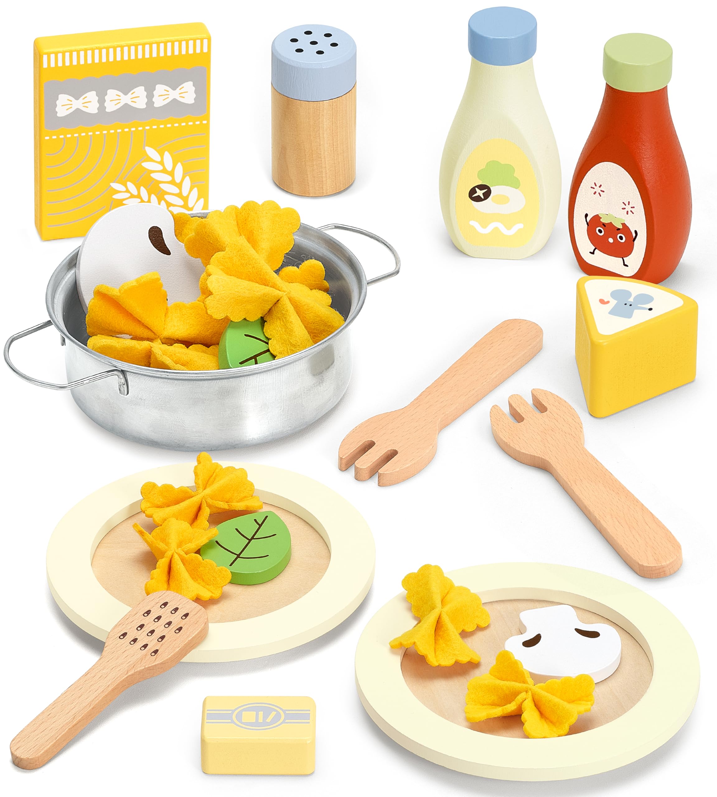 Pillowhale Pasta Food Toys, Wooden Play Kitchen Food , Play Food with Pots and Pans Playset, Kids Pretend Play Kitchen Accessories Toys Set for Girls Boys 3+Years Old
