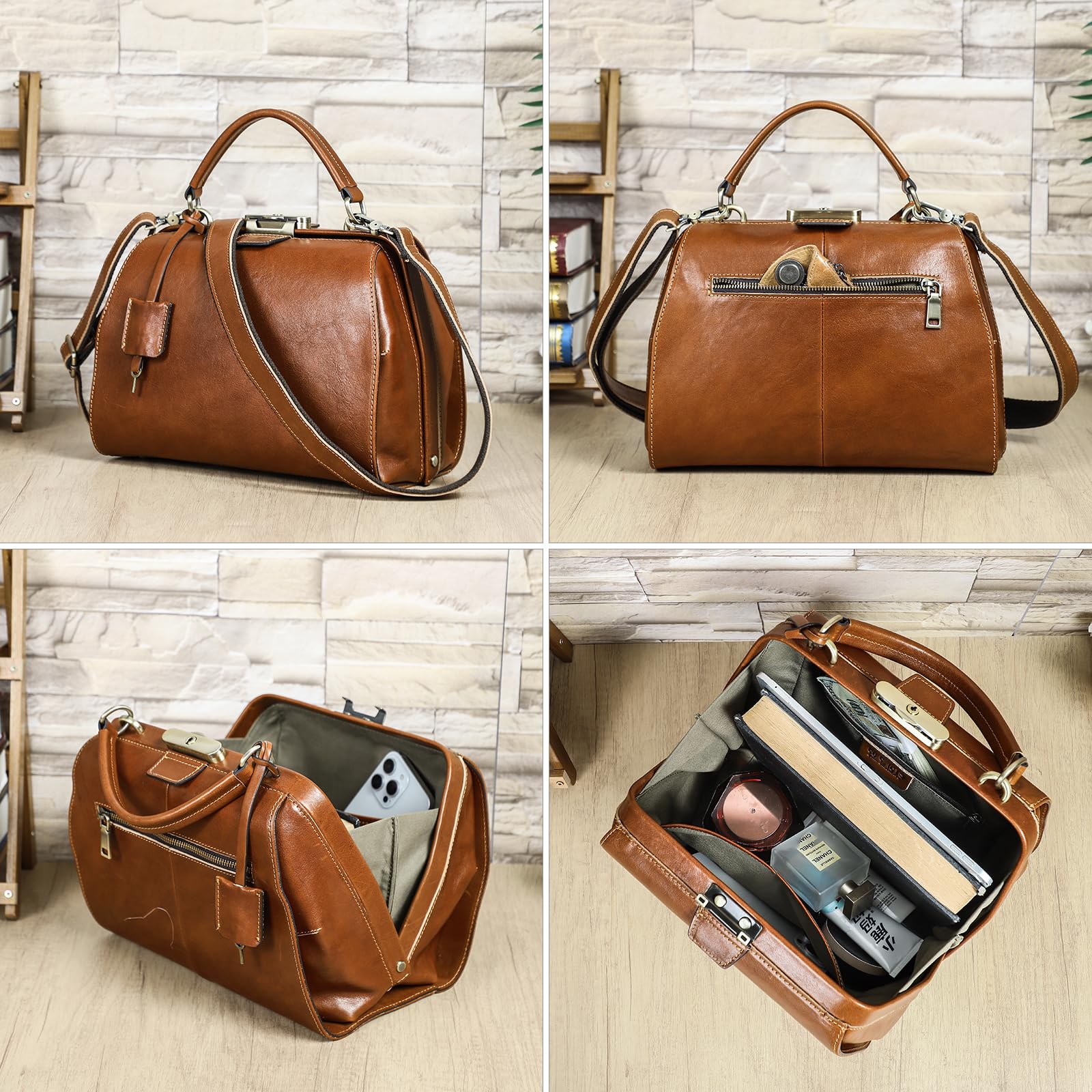 Bolso de cuero de grano completo para mujer, bolso antirrobo con asa superior