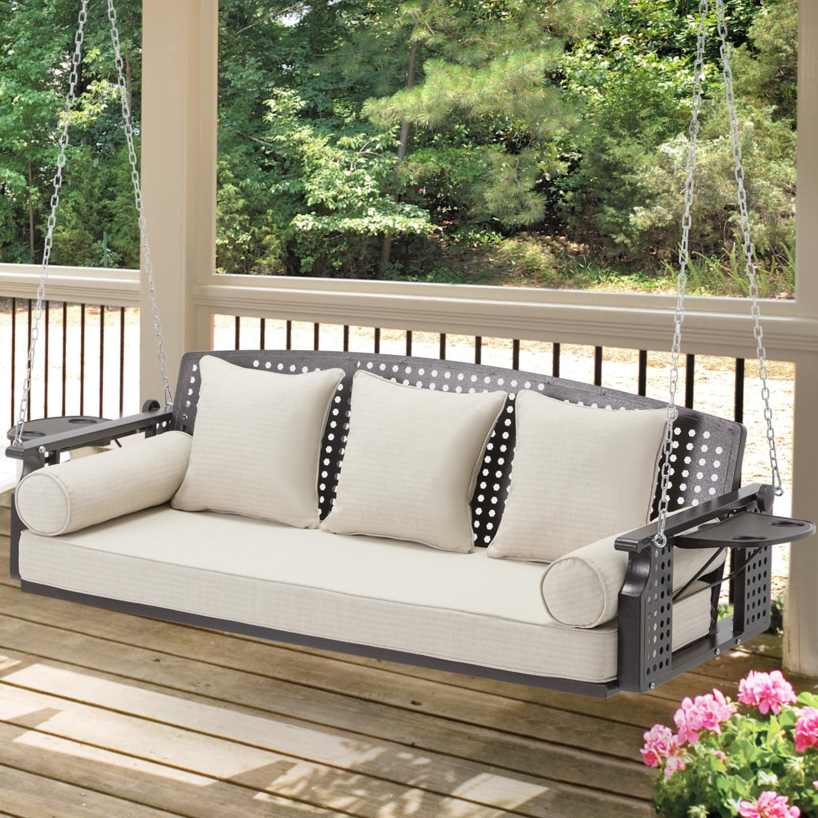 Yalissey 3 Seat Porch Swing, Patio Swing Bench with Cup Holders & 3 Back Cushions, Swing Chair with Chains for Deck Garden Backyard,Beige