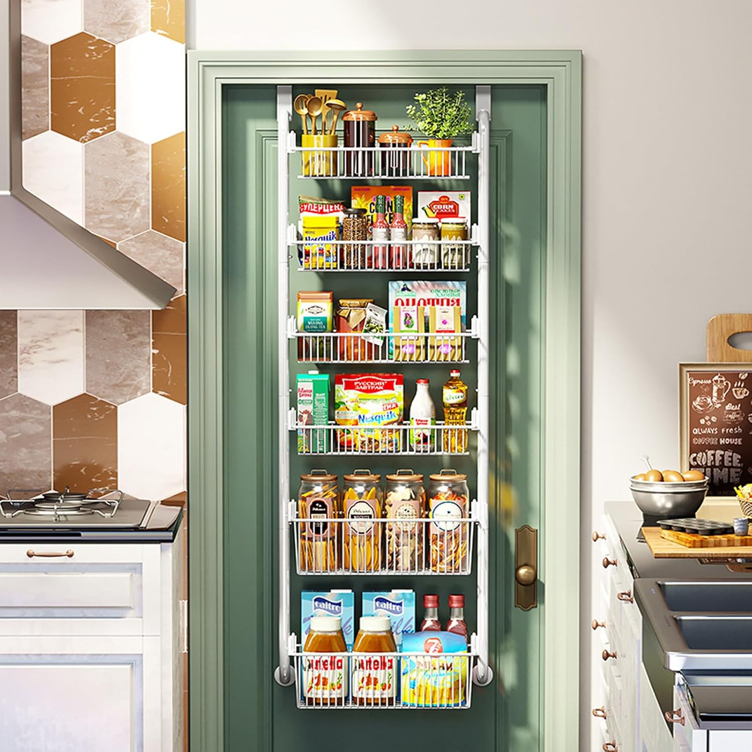 UHOOME Over the Door Pantry Organizer Rack,6Tier Pantry Door