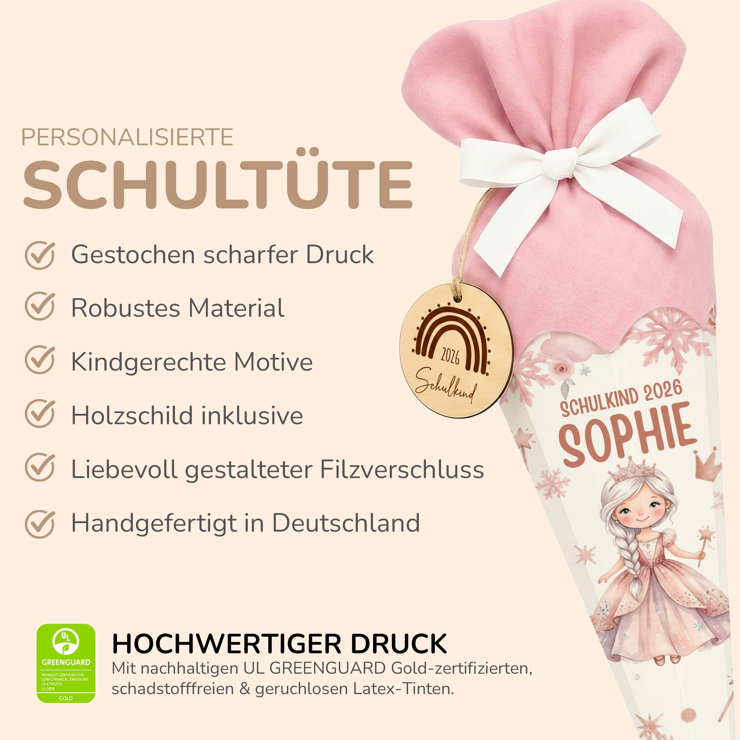 Personalisierte Schultüte mit Rohling, Filz-Stoff & Holzschild, Zuckertüte zur Einschulung Mädchen & Jungen, Einschulungsgeschenk 2026 - Prinzessin (Rosa)