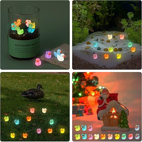 Miniatura 5 de Paquete de 100 mini patos de resina luminosos para manualidades, coloridos patos pequeños que brillan en la oscuridad figuras en miniatura para