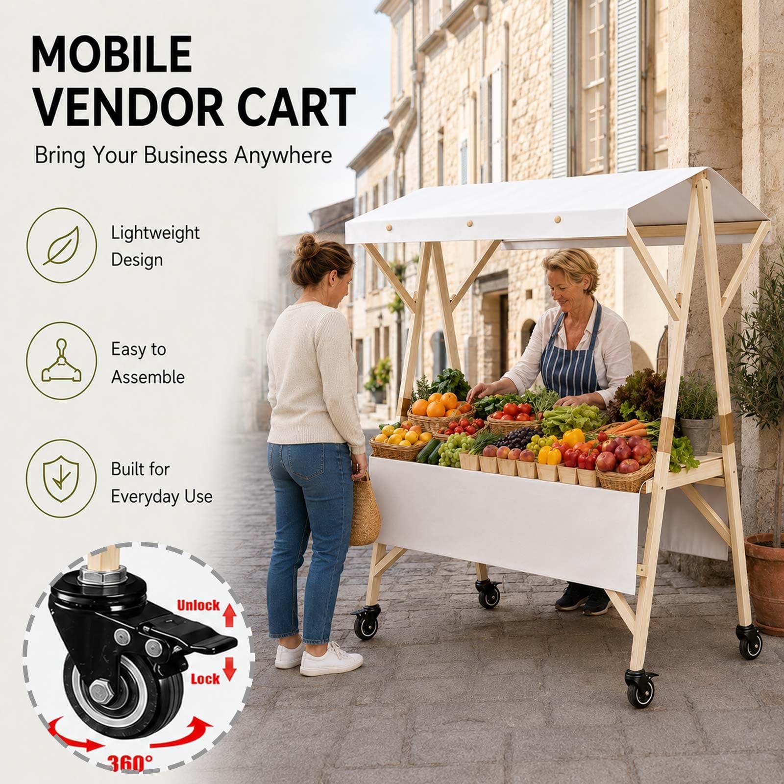 Banco Di Mostra Pieghevole Delle Bancarelle Di Mercato Con Il Baldacchino, Carrello Venditore In Legno Con Ruote, Bancarella Mobile, Stand Vendita Portatile Per Fiere E Sagre(Pink,L 150cm/59in)