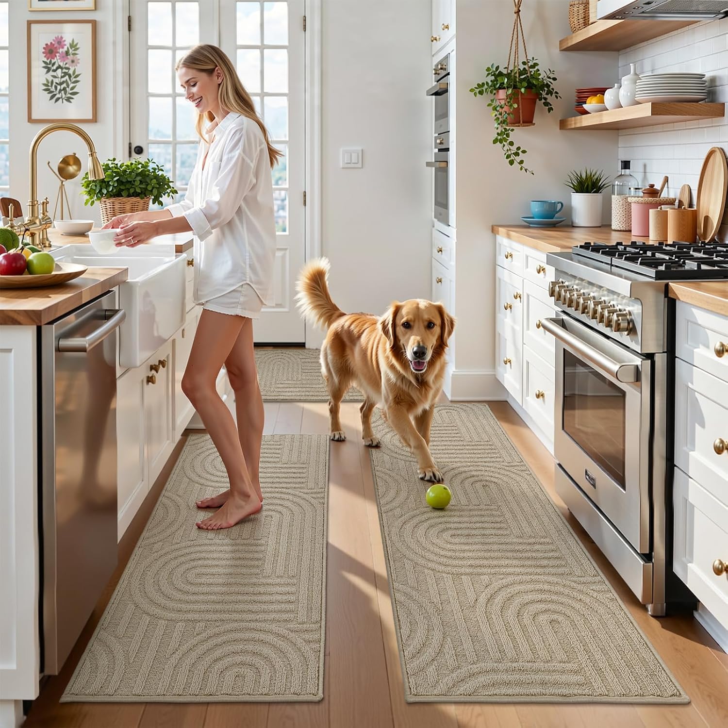 U'Artlines Kitchen Rugs and Mats Set of 3, Non Skid Washable Beige Geometric Kitchen Mats for Floor, Absorbent and Stain Resistant Floor Mat for Laundry, Sink Decor 20x32+20x48+20x59