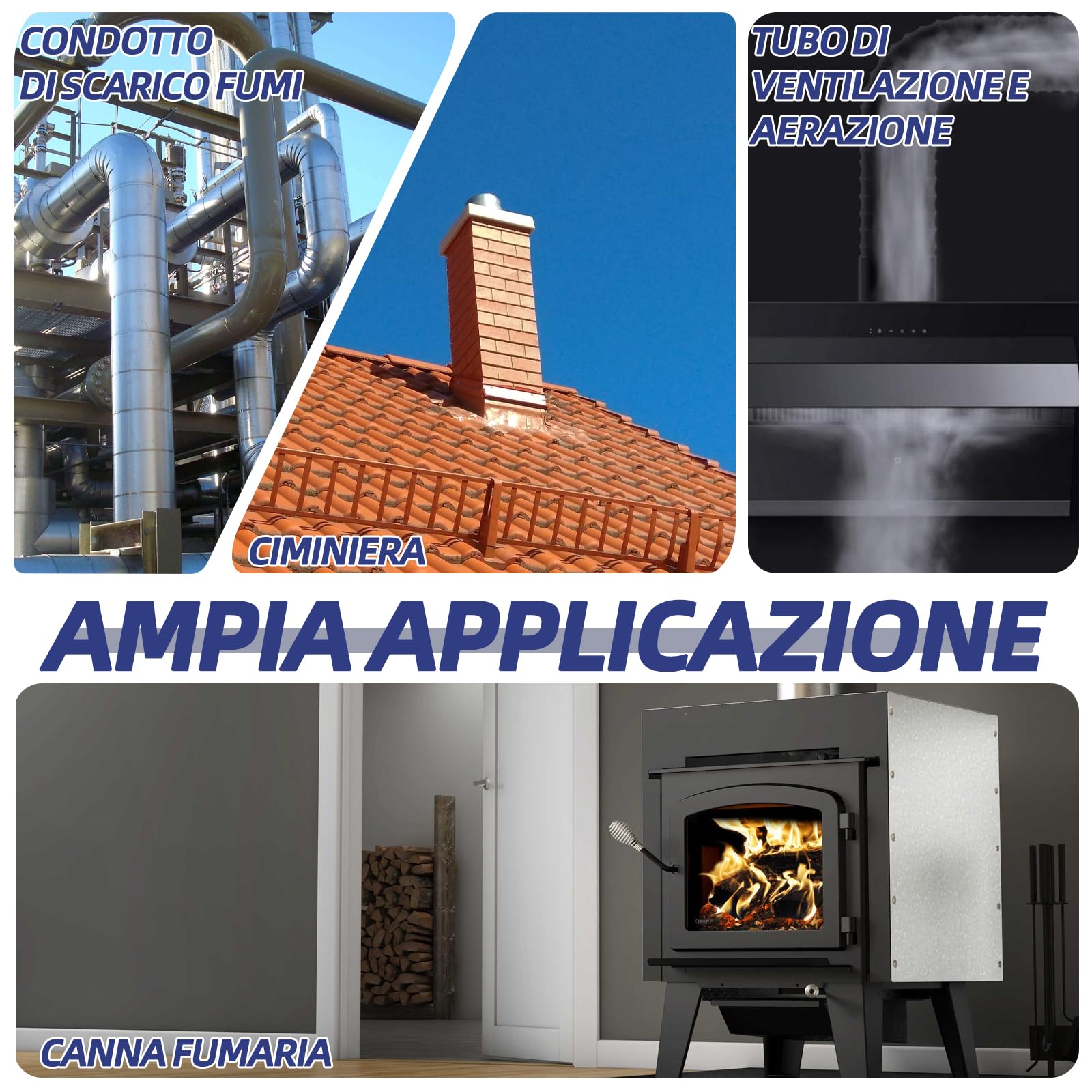 Set di spazzole per camino 4 pezzi con spazzole da 30/50/80/150 mm, incl. 1m di filo di acciaio e stanga di spinta – Spazzola per camino per la pulizia di canne fumarie, tubi per stufe e tubi di